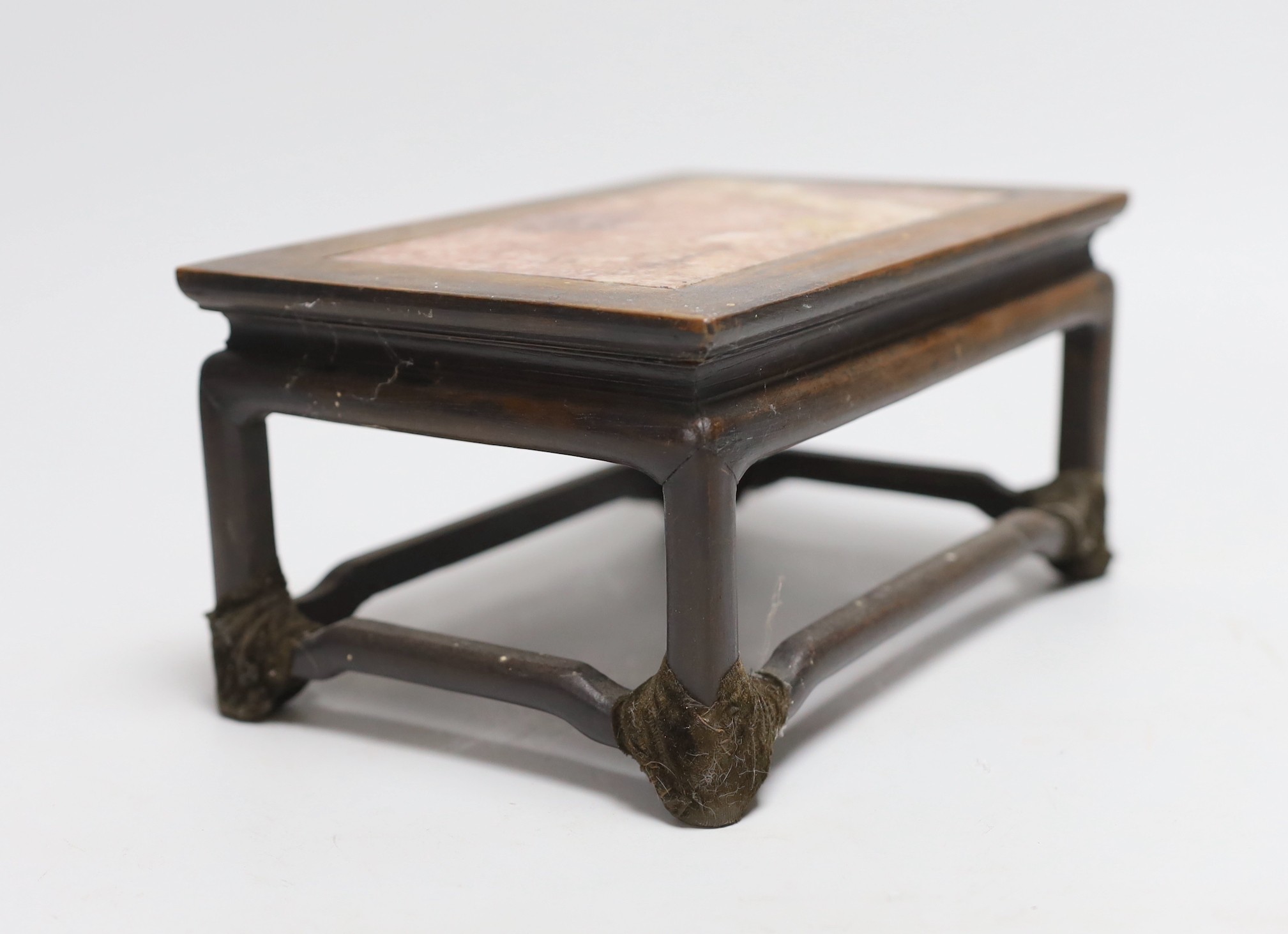 A small Chinese hongmu and marble inset stand, 21cm long